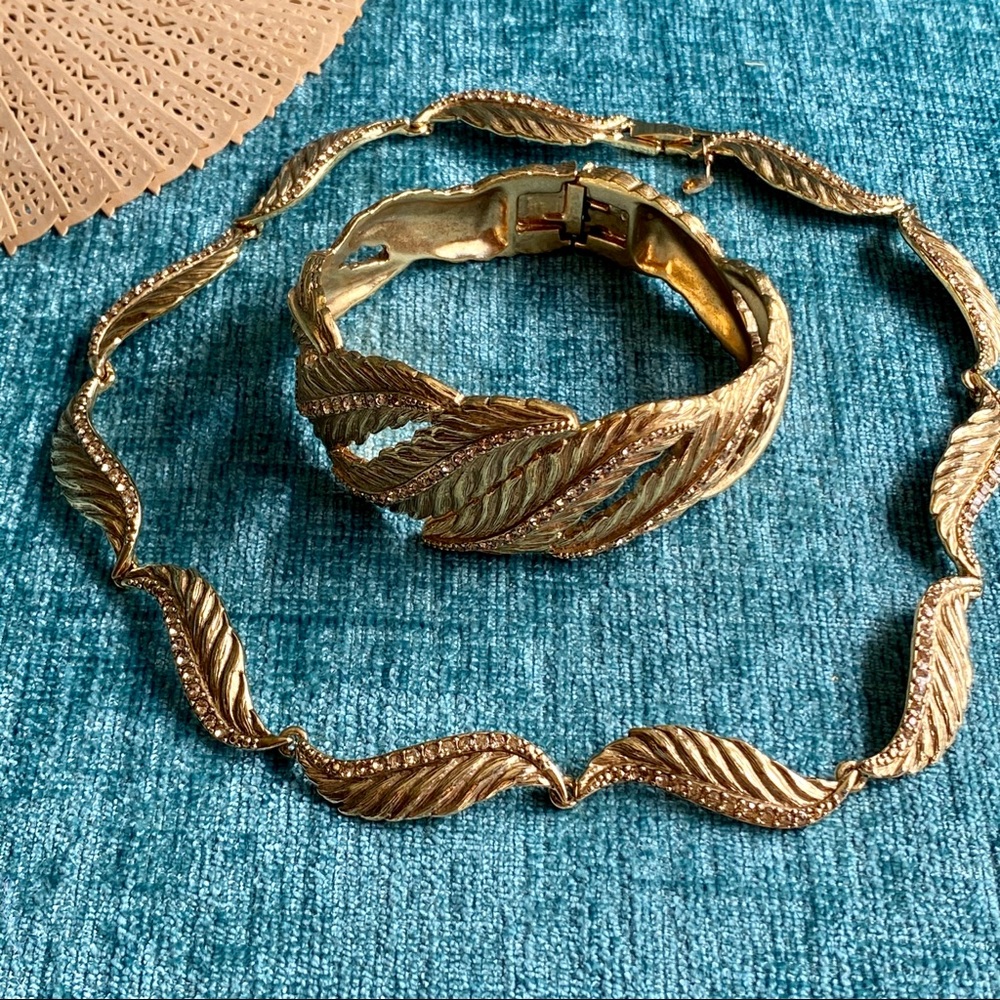 Vintage Monet Gold Rhinestones Bracelet + Necklace